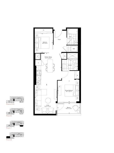 Floor plan for 2 beds, 2 baths, 800 sqft